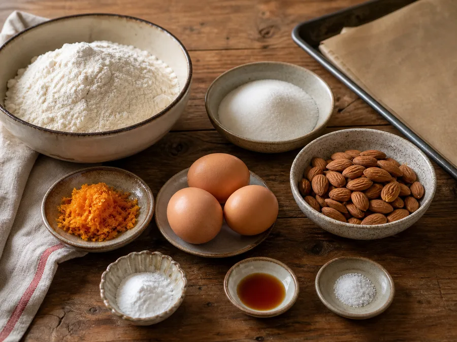 Бискотти | Фото подпункта 1 | Viva Cucina Бискотти: фото процесса приготовления — разложите Мука, Сахар, Яйца, Миндаль, соль, масло, специи и нужную посуду так, чтобы всё было под рукой до начала готовки