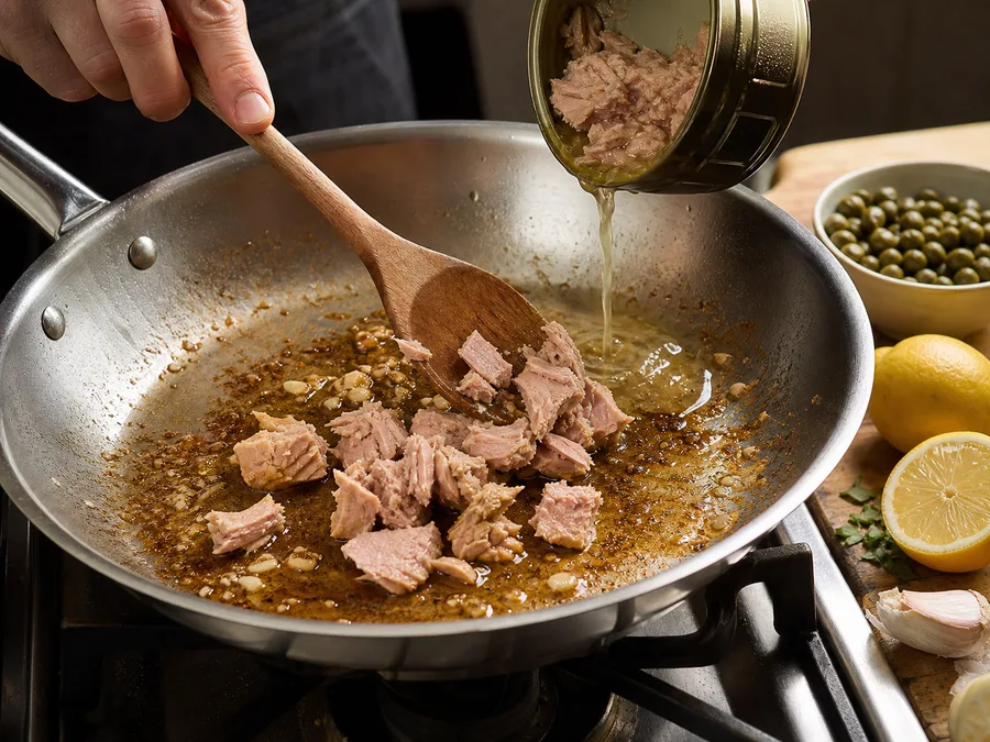 Лингвини с курицей и соусом из тунца и каперсов: фото процесса приготовления — снимите или отложите всё, что не должно долго готовиться, чтобы вернуть это в блюдо ближе к финалу