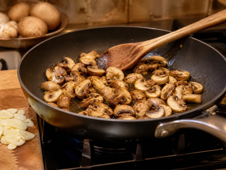 Тальятелле с фасолью и сливочно-грибным соусом | Фото подпункта 4 | Viva Cucina Тальятелле с фасолью и сливочно-грибным соусом: фото процесса приготовления — подготовьте основу для тальятелле с фасолью и сливочно-грибным соусом: прогрейте сковороду или кастрюлю и начните с ароматных ингредиентов