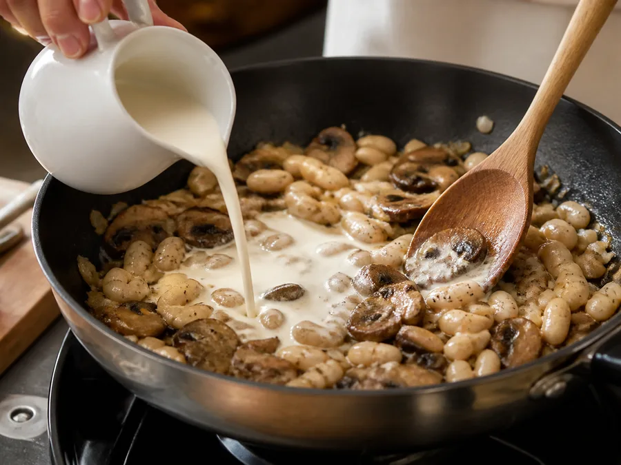 Тальятелле с фасолью и сливочно-грибным соусом | Фото подпункта 6 | Viva Cucina Тальятелле с фасолью и сливочно-грибным соусом: фото процесса приготовления — снимите или отложите всё, что не должно долго готовиться, чтобы вернуть это в блюдо ближе к финалу
