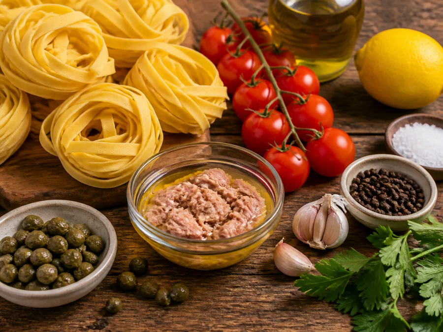 Тальятелле с томатом и соусом из тунца и каперсов | Фото подпункта 1 | Viva Cucina Тальятелле с томатом и соусом из тунца и каперсов: фото процесса приготовления — разложите Тунец консервированный, соль, масло, специи и нужную посуду так, чтобы всё было под рукой до начала готовки