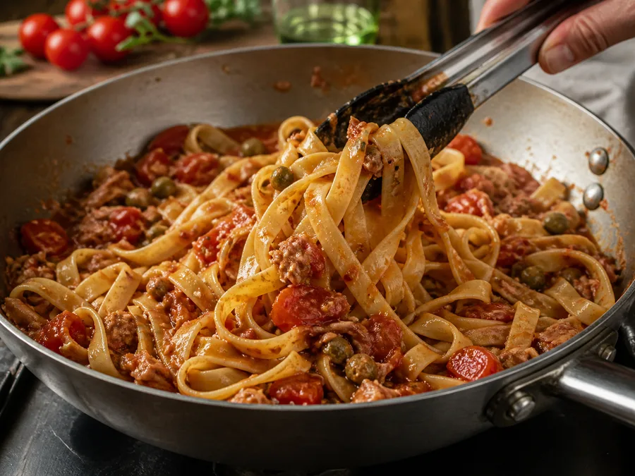 Тальятелле с томатом и соусом из тунца и каперсов | Фото подпункта 12 | Viva Cucina Тальятелле с томатом и соусом из тунца и каперсов: фото процесса приготовления — доведите блюдо до единой сочной текстуры, не перегревая нежные ингредиенты