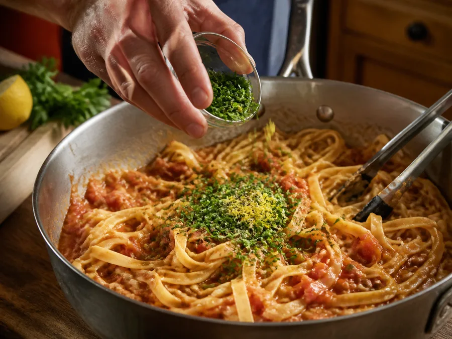 Тальятелле с томатом и соусом из тунца и каперсов | Фото подпункта 13 | Viva Cucina Тальятелле с томатом и соусом из тунца и каперсов: фото процесса приготовления — доведите блюдо до финальной текстуры и снимите с огня или достаньте из духовки вовремя
