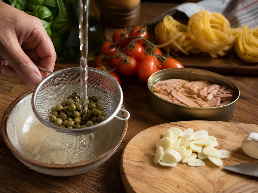 Тальятелле с томатом и соусом из тунца и каперсов | Фото подпункта 3 | Viva Cucina Тальятелле с томатом и соусом из тунца и каперсов: фото процесса приготовления — нарежьте, отмерьте и подготовьте ингредиенты для первого активного этапа, чтобы дальше работать без пауз