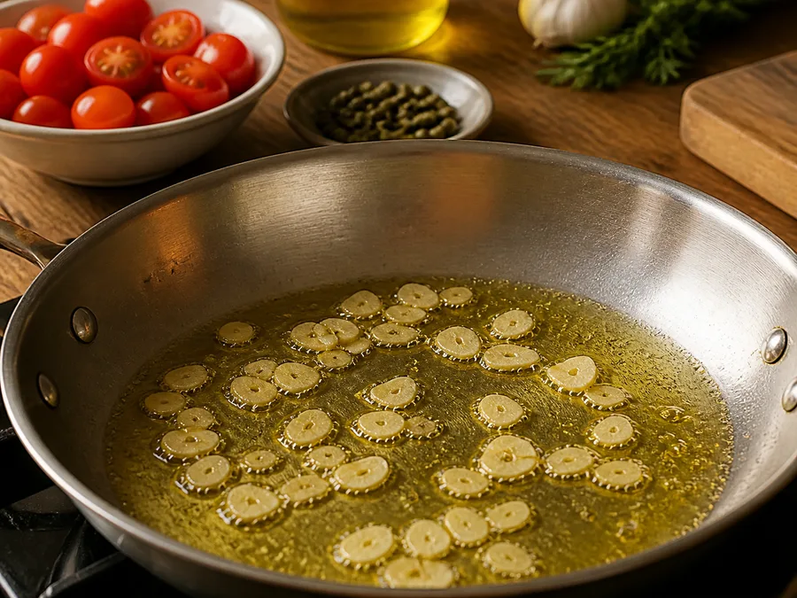 Тальятелле с томатом и соусом из тунца и каперсов | Фото подпункта 4 | Viva Cucina Тальятелле с томатом и соусом из тунца и каперсов: фото процесса приготовления — подготовьте основу для тальятелле с томатом и соусом из тунца и каперсов: прогрейте сковороду или кастрюлю и начните с ароматных ингредиентов