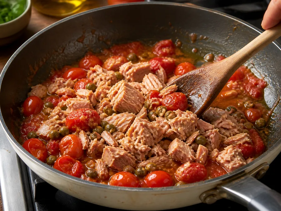 Тальятелле с томатом и соусом из тунца и каперсов | Фото подпункта 7 | Viva Cucina Тальятелле с томатом и соусом из тунца и каперсов: фото процесса приготовления — сварите тальятелле до al dente или подготовьте соус так, чтобы он был готов принять пасту