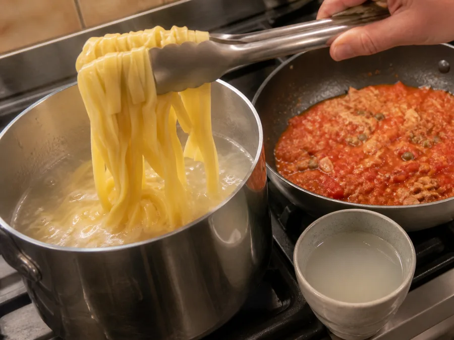 Тальятелле с томатом и соусом из тунца и каперсов | Фото подпункта 9 | Viva Cucina Тальятелле с томатом и соусом из тунца и каперсов: фото процесса приготовления — проверьте, что соус не слишком густой и не водянистый перед соединением с пастой