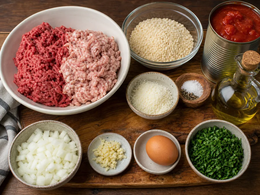Тефтели в томатном соусе | Фото подпункта 1 | Viva Cucina Тефтели в томатном соусе: фото процесса приготовления — разложите Мясо и Белое или красное вино, соль, масло, специи и нужную посуду так, чтобы всё было под рукой до начала готовки