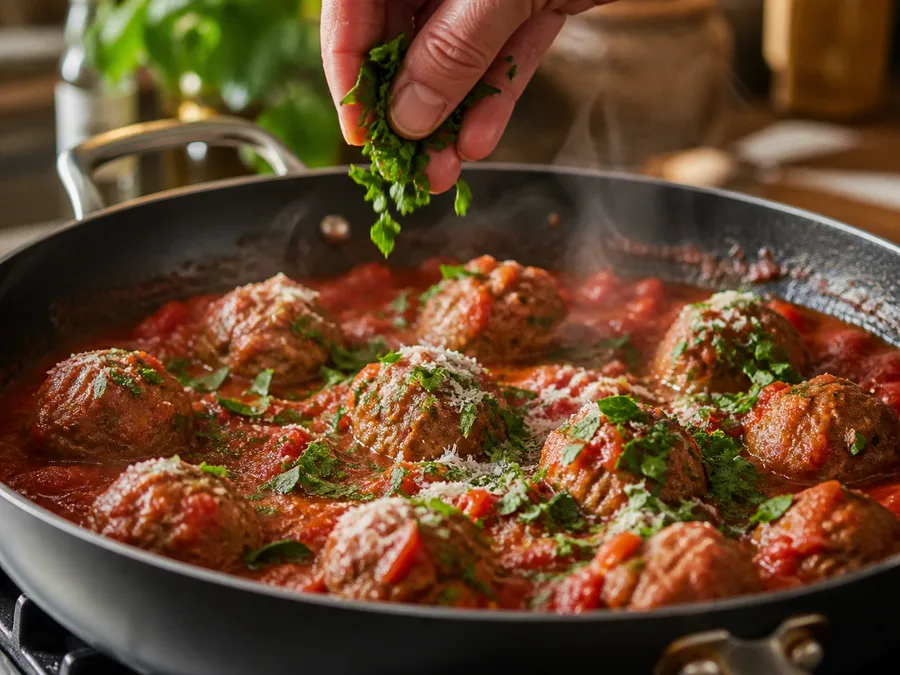Тефтели в томатном соусе | Фото подпункта 14 | Viva Cucina Тефтели в томатном соусе: фото процесса приготовления — полейте блюдо соусом или соками из посуды, чтобы поверхность оставалась сочной