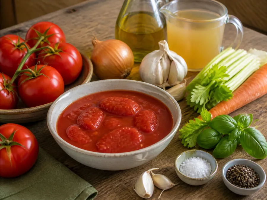 Томатный суп с базиликом | Фото подпункта 1 | Viva Cucina Томатный суп с базиликом: фото процесса приготовления — разложите Вода или бульон, Лук репчатый, Морковь, Стебель сельдерея, соль, масло, специи и нужную посуду так, чтобы всё было под рукой до начала готовки