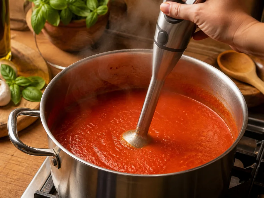 Томатный суп с базиликом | Фото подпункта 12 | Viva Cucina Томатный суп с базиликом: фото процесса приготовления — перед финалом ещё раз проверьте баланс соли, влажности и температуры