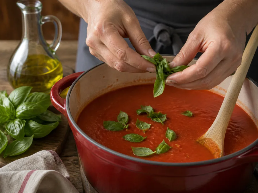 Томатный суп с базиликом | Фото подпункта 13 | Viva Cucina Томатный суп с базиликом: фото процесса приготовления — доведите блюдо до финальной текстуры и снимите с огня или достаньте из духовки вовремя