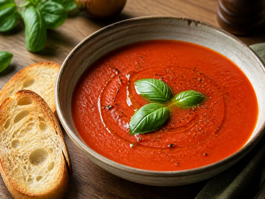 Томатный суп с базиликом | Фото подпункта 15 | Viva Cucina Томатный суп с базиликом: фото процесса приготовления — подавайте сразу или после короткого отдыха, когда блюдо выглядит собранным и аккуратным