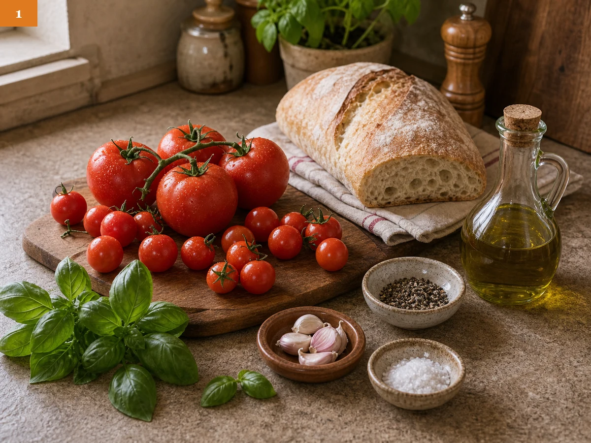 Брускетта с томатами | Фото подпункта 1 | Viva Cucina Брускетта с томатами: фото процесса приготовления — разложите спелые томаты, хлеб чиабатта или деревенский хлеб, базилик, чеснок, оливковое масло, соль и перец перед началом