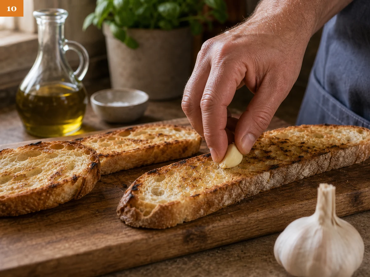 Брускетта с томатами | Фото подпункта 10 | Viva Cucina Брускетта с томатами: фото процесса приготовления — проведите срезом чеснока по горячей поверхности каждого ломтика