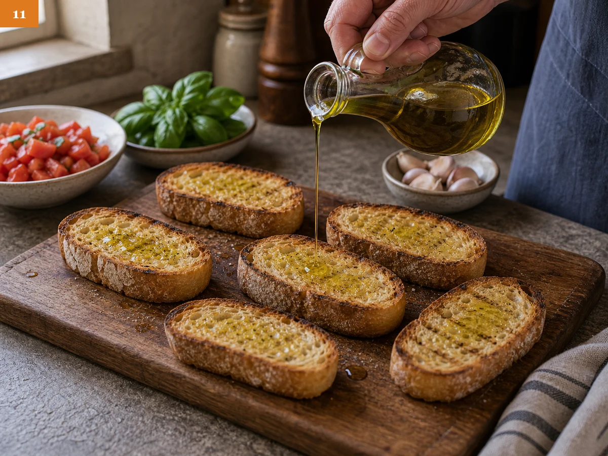 Брускетта с томатами | Фото подпункта 11 | Viva Cucina Брускетта с томатами: фото процесса приготовления — сбрызните хлеб тонкой струйкой оливкового масла, не заливая центр
