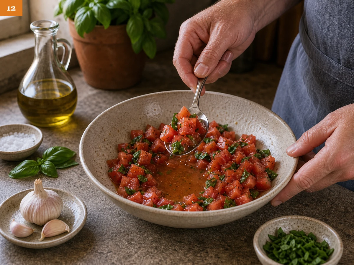 Брускетта с томатами | Фото подпункта 12 | Viva Cucina Брускетта с томатами: фото процесса приготовления — проверьте томатную начинку и при необходимости слейте лишний сок со дна миски