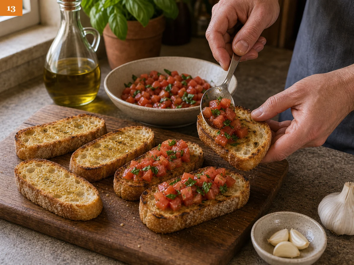 Брускетта с томатами | Фото подпункта 13 | Viva Cucina Брускетта с томатами: фото процесса приготовления — выложите томаты на тёплые ломтики хлеба ложкой, распределяя начинку без лишней жидкости