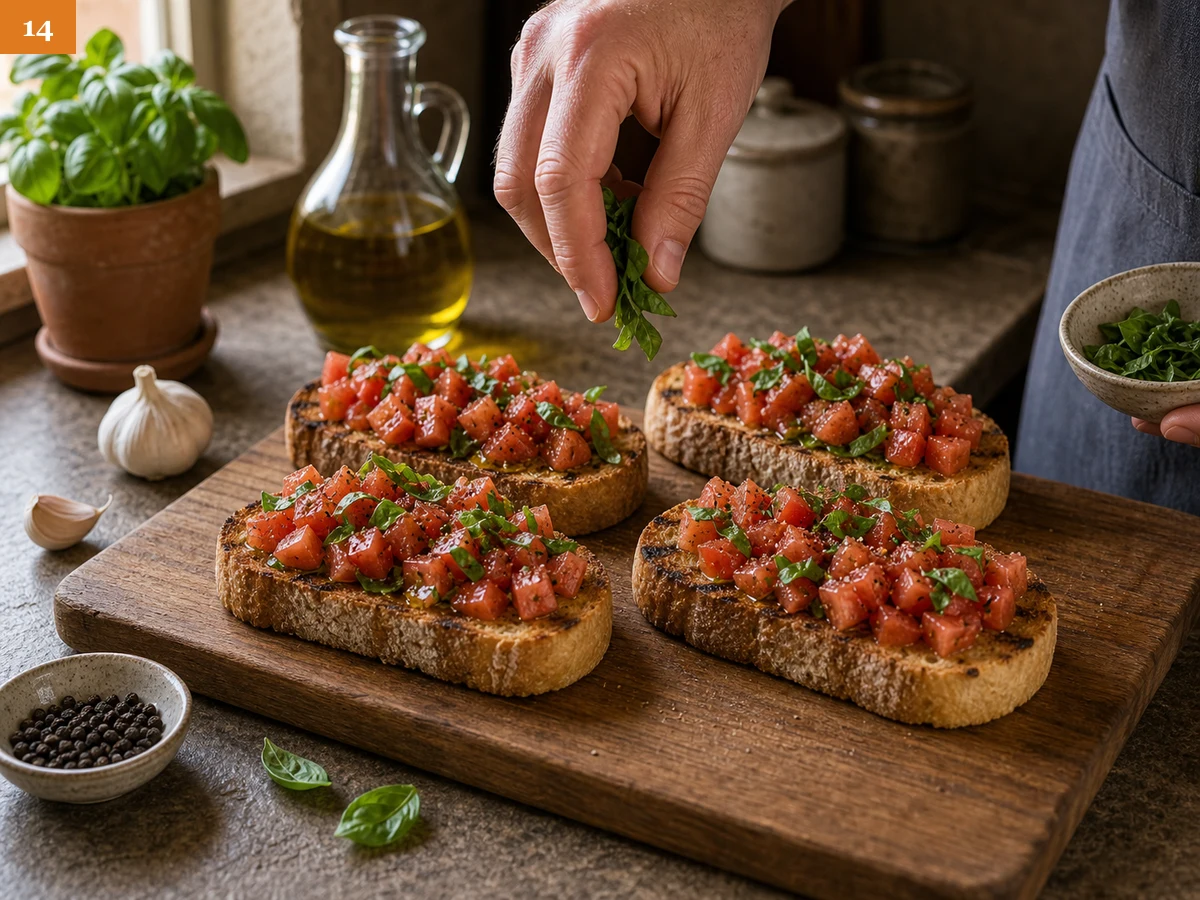 Брускетта с томатами | Фото подпункта 14 | Viva Cucina Брускетта с томатами: фото процесса приготовления — добавьте свежий базилик, каплю масла и немного чёрного перца поверх готовых брускетт