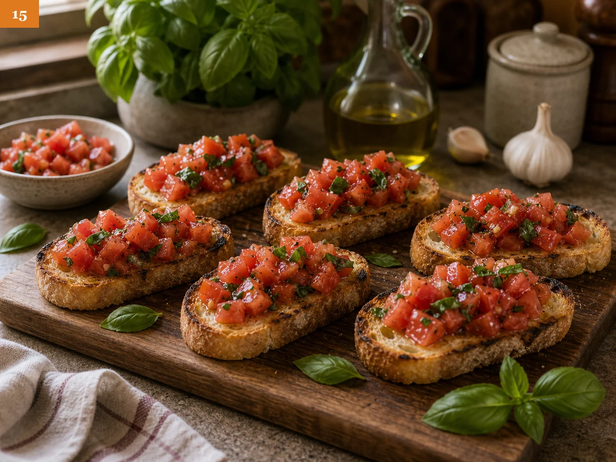 Брускетта с томатами | Фото подпункта 15 | Viva Cucina Брускетта с томатами: фото процесса приготовления — переложите брускетты на тарелку или доску и подавайте немедленно, пока хлеб хрустит