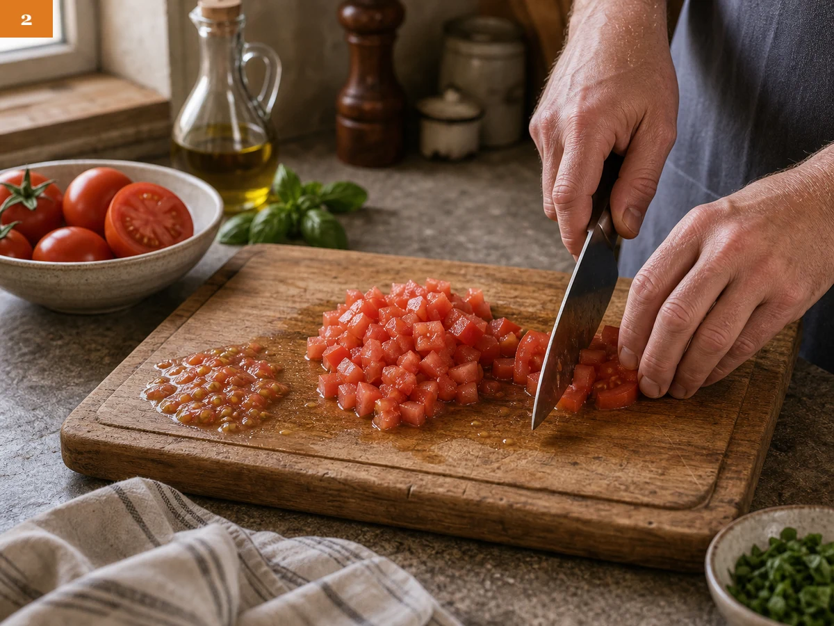 Брускетта с томатами | Фото подпункта 2 | Viva Cucina Брускетта с томатами: фото процесса приготовления — нарежьте томаты небольшими кубиками, удаляя слишком водянистую часть, если её много