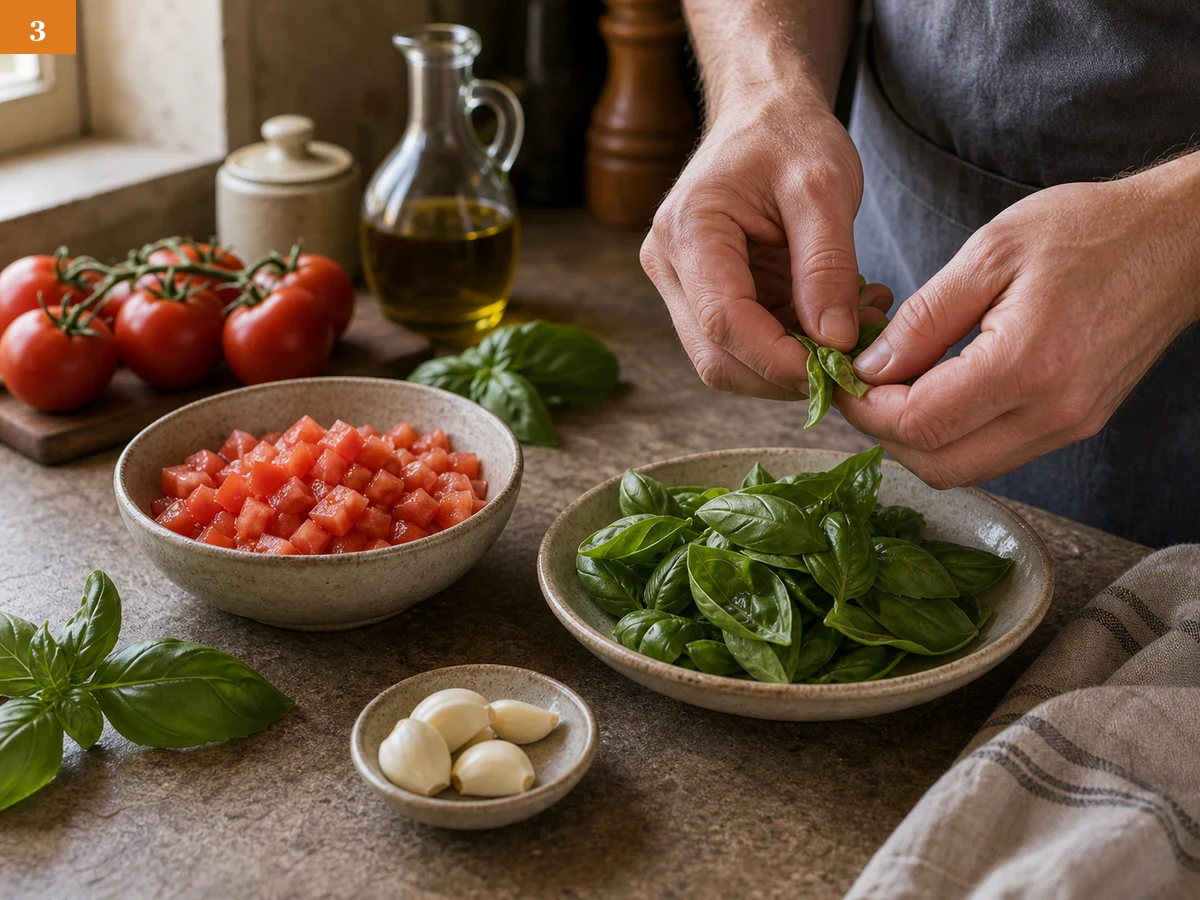 Брускетта с томатами | Фото подпункта 3 | Viva Cucina Брускетта с томатами: фото процесса приготовления — порвите листья базилика руками и подготовьте целые очищенные зубчики чеснока для натирания горячего хлеба