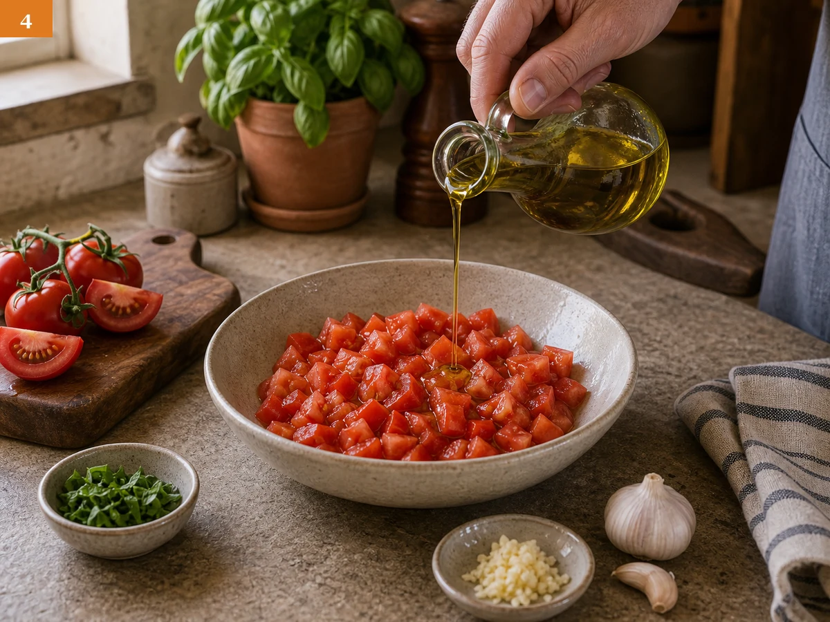 Брускетта с томатами | Фото подпункта 4 | Viva Cucina Брускетта с томатами: фото процесса приготовления — переложите нарезанные томаты в миску и добавьте оливковое масло extra vergine