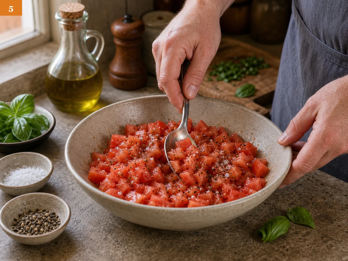 Брускетта с томатами | Фото подпункта 5 | Viva Cucina Брускетта с томатами: фото процесса приготовления — посолите, поперчите и аккуратно перемешайте, не превращая томаты в кашу