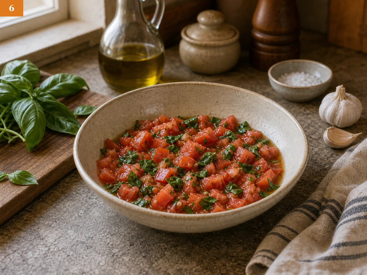 Брускетта с томатами | Фото подпункта 6 | Viva Cucina Брускетта с томатами: фото процесса приготовления — добавьте базилик и оставьте начинку на 10 минут при комнатной температуре