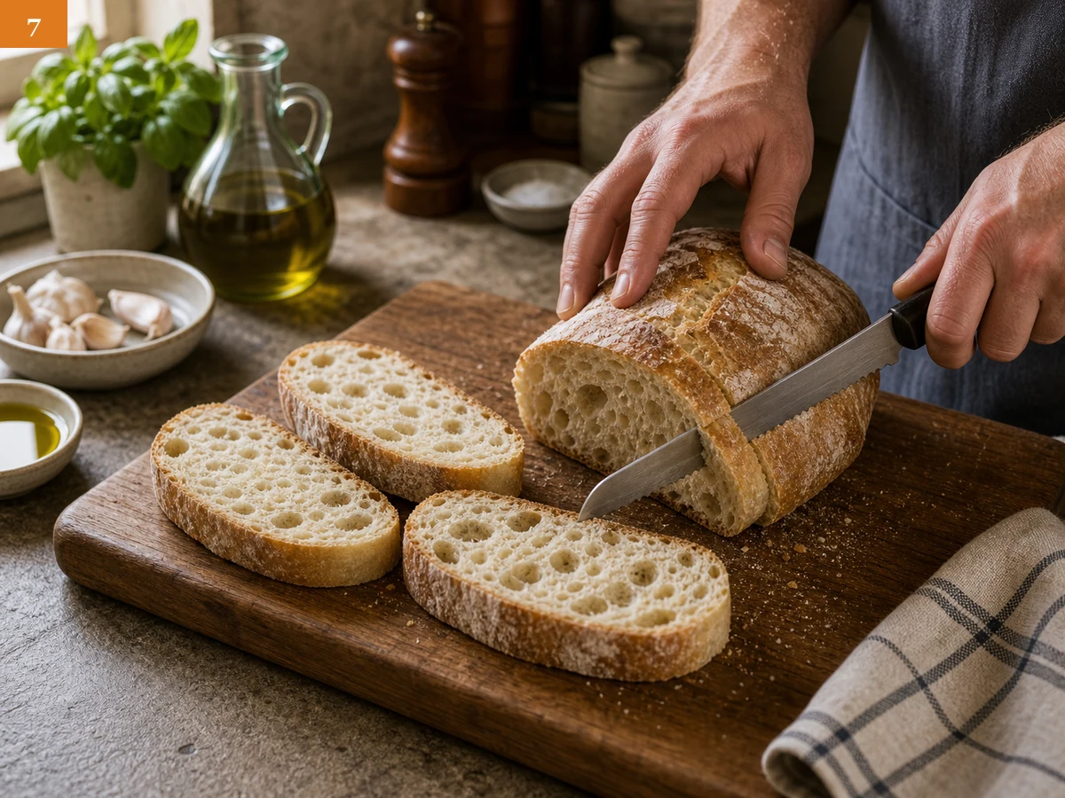 Брускетта с томатами | Фото подпункта 7 | Viva Cucina Брускетта с томатами: фото процесса приготовления — нарежьте чиабатту или деревенский хлеб ломтиками толщиной около полутора сантиметров