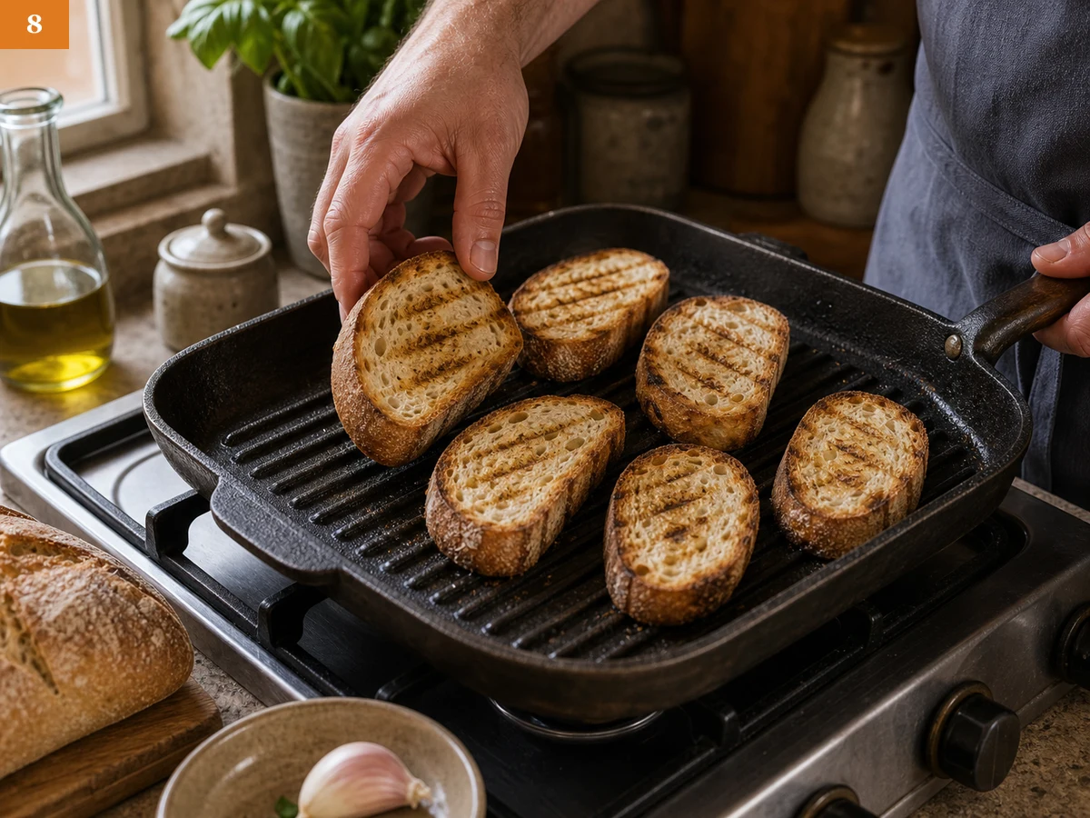 Брускетта с томатами | Фото подпункта 8 | Viva Cucina Брускетта с томатами: фото процесса приготовления — поджарьте ломтики на сухой сковороде, гриле или противне до румяных полос и хрустящей поверхности