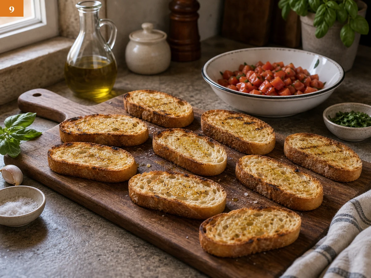 Брускетта с томатами | Фото подпункта 9 | Viva Cucina Брускетта с томатами: фото процесса приготовления — переложите горячий хлеб на доску, не складывая ломтики стопкой, чтобы они не отсырели от пара