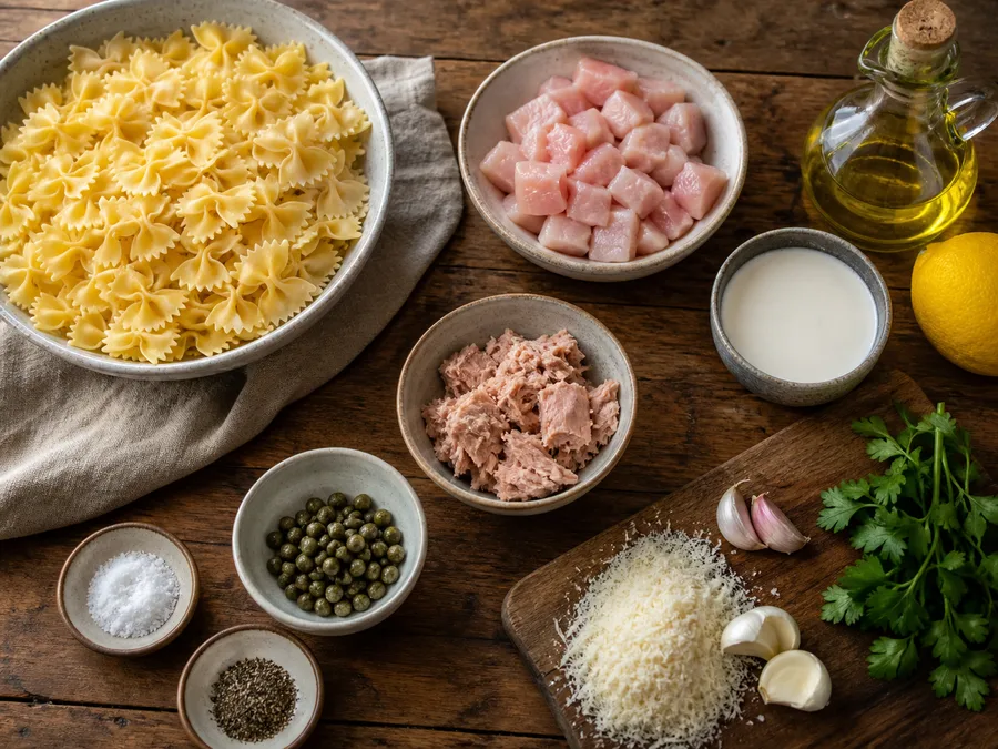Фарфалле с курицей и соусом из тунца и каперсов | Фото подпункта 1 | Viva Cucina Фарфалле с курицей и соусом из тунца и каперсов: фото процесса приготовления — разложите Пармезан тёртый, соль, масло, специи и нужную посуду так, чтобы всё было под рукой до начала готовки