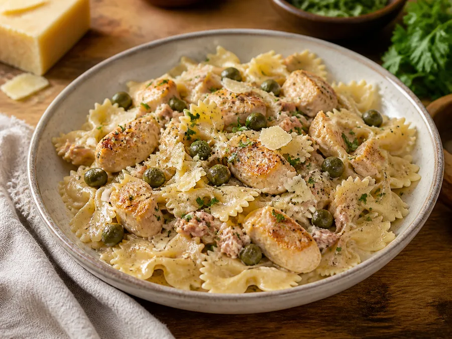 Фарфалле с курицей и соусом из тунца и каперсов | Фото подпункта 15 | Viva Cucina Фарфалле с курицей и соусом из тунца и каперсов: фото процесса приготовления — подавайте сразу или после короткого отдыха, когда блюдо выглядит собранным и аккуратным