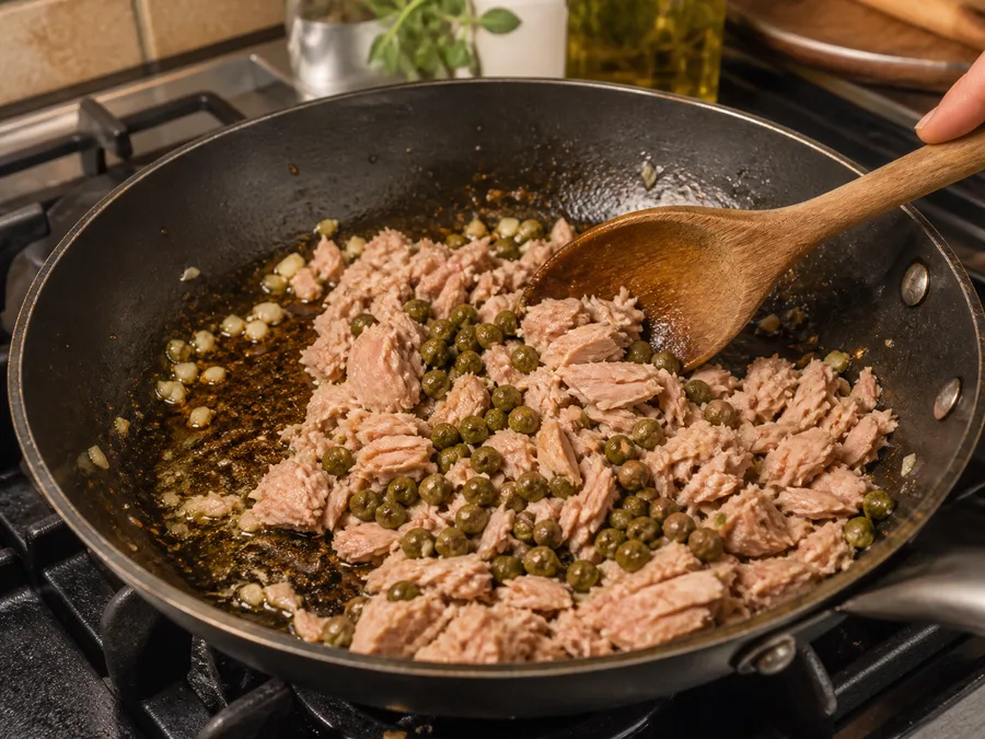 Фарфалле с курицей и соусом из тунца и каперсов | Фото подпункта 6 | Viva Cucina Фарфалле с курицей и соусом из тунца и каперсов: фото процесса приготовления — снимите или отложите всё, что не должно долго готовиться, чтобы вернуть это в блюдо ближе к финалу