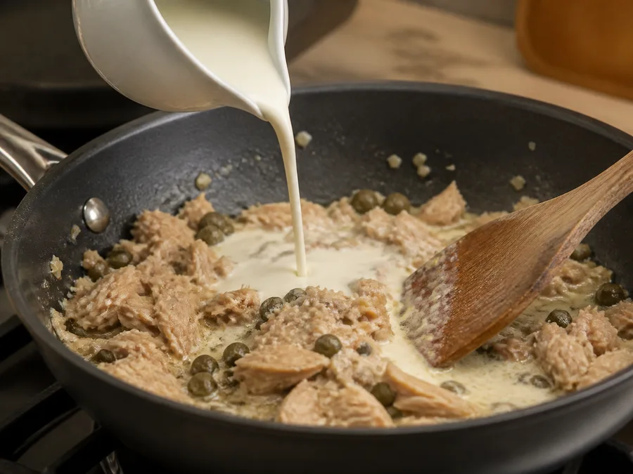Фарфалле с курицей и соусом из тунца и каперсов | Фото подпункта 7 | Viva Cucina Фарфалле с курицей и соусом из тунца и каперсов: фото процесса приготовления — сварите фарфалле до al dente или подготовьте соус так, чтобы он был готов принять пасту