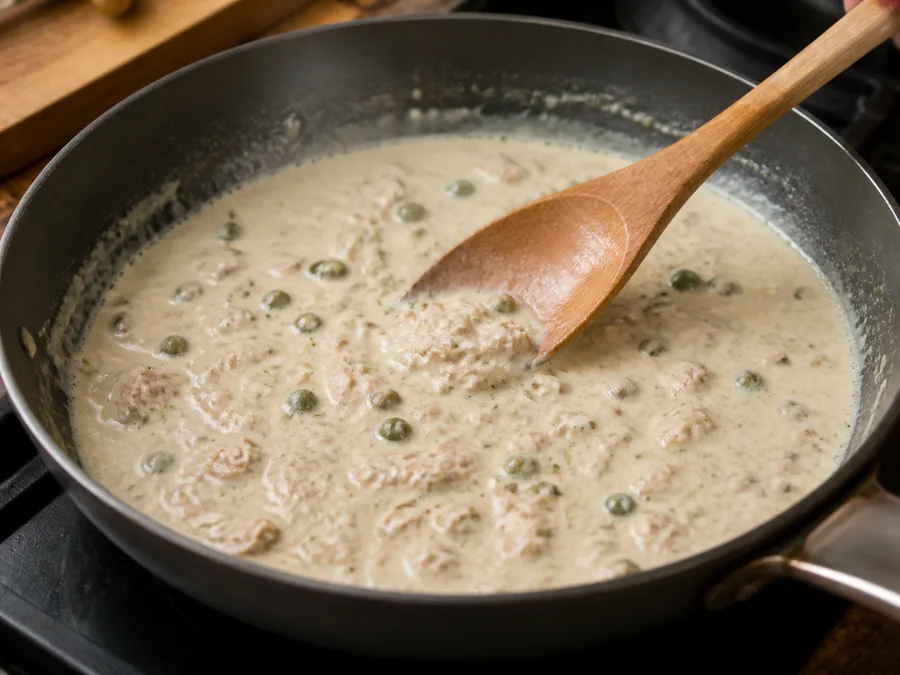 Фарфалле с курицей и соусом из тунца и каперсов | Фото подпункта 8 | Viva Cucina Фарфалле с курицей и соусом из тунца и каперсов: фото процесса приготовления — сохраните немного горячей воды от варки: крахмал поможет связать соус и сделать текстуру гладкой