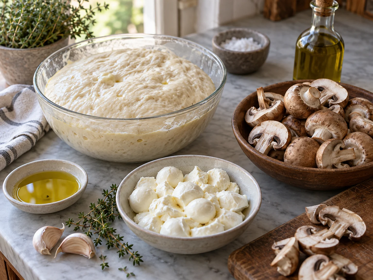 Фокачча с начинкой: грибы и моцарелла | Фото подпункта 1 | Viva Cucina Фокачча с начинкой: грибы и моцарелла: фото процесса приготовления — разложите Готовое тесто для фокаччи, Шампиньоны, Моцарелла, Оливковое масло extra vergine, соль, масло, специи и нужную посуду так, чтобы всё было под рукой до начала готовки
