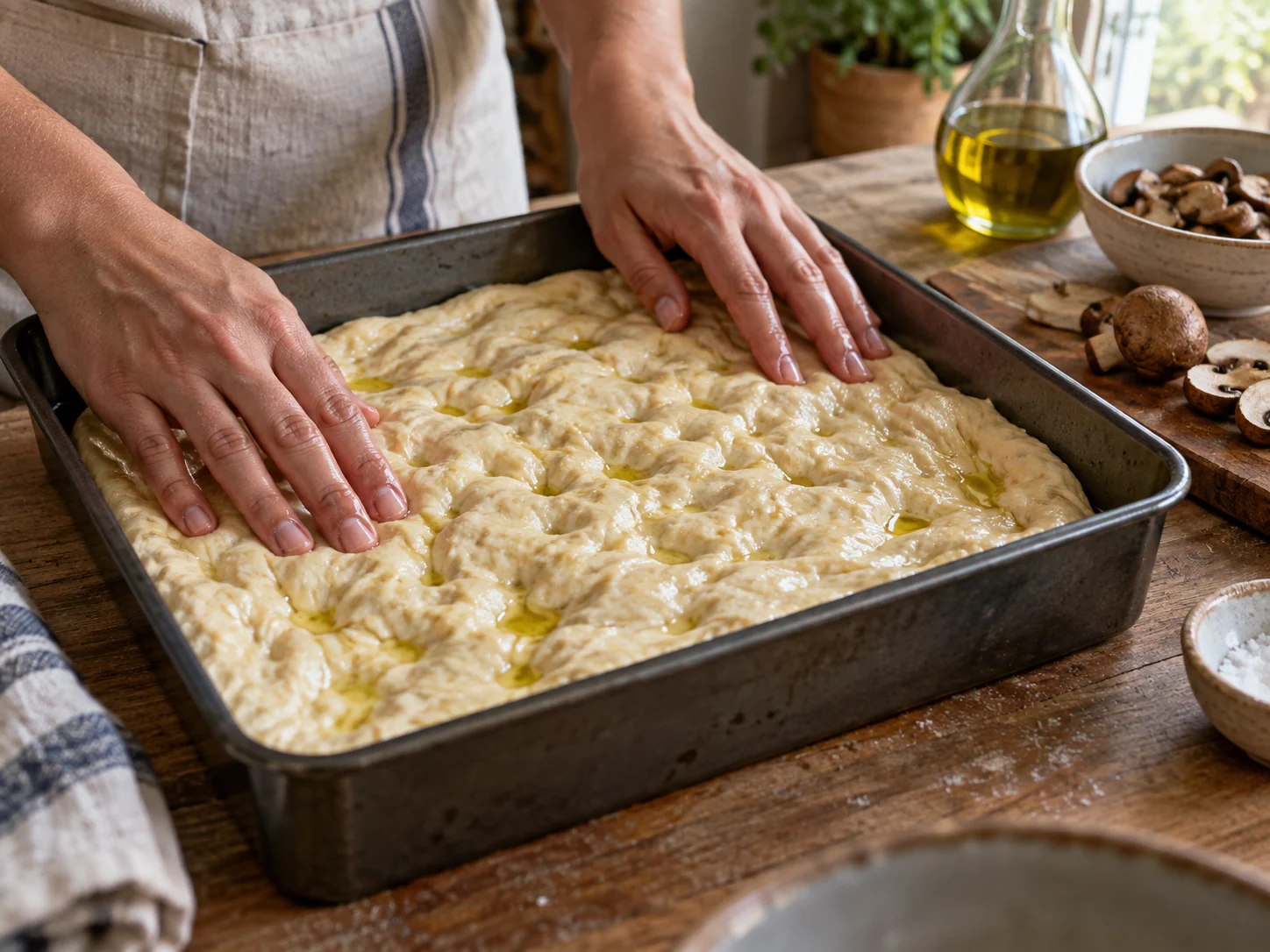 Фокачча с начинкой: грибы и моцарелла | Фото подпункта 5 | Viva Cucina Фокачча с начинкой: грибы и моцарелла: фото процесса приготовления — вымесите, растяните или разделите основу так, как требует форма блюда, стараясь не разрушать воздушность