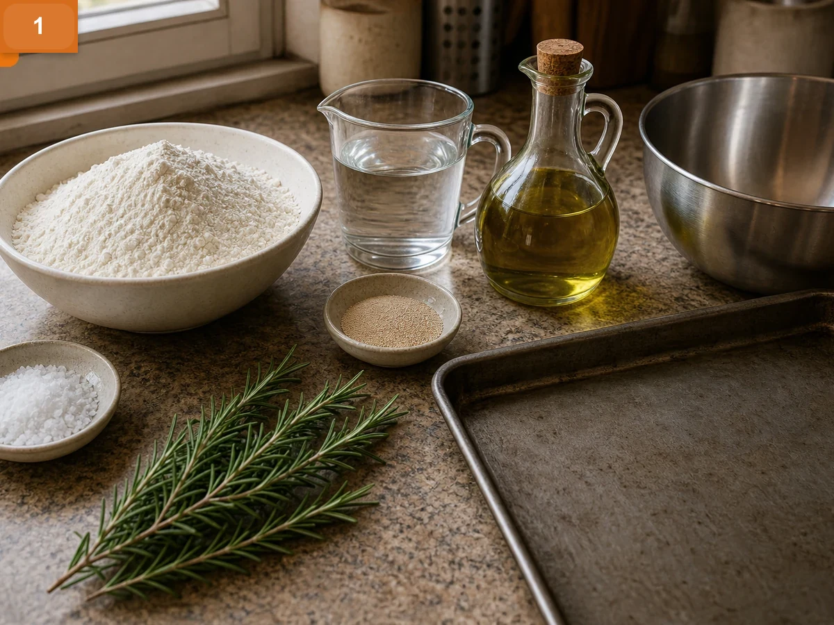 Фокачча с розмарином | Фото подпункта 1 | Viva Cucina Фокачча с розмарином: фото процесса приготовления — разложите муку, воду, дрожжи, оливковое масло, соль, розмарин, миску и форму для выпечки