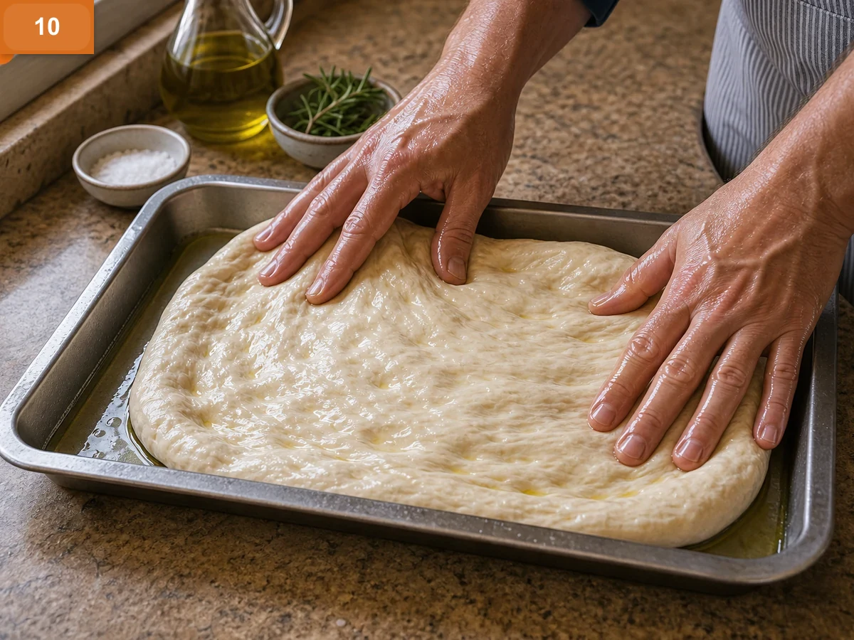 Фокачча с розмарином | Фото подпункта 10 | Viva Cucina Фокачча с розмарином: фото процесса приготовления — аккуратно растяните тесто по форме смазанными маслом пальцами