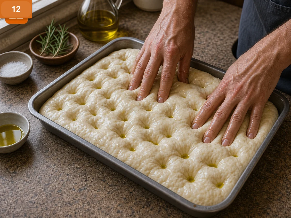 Фокачча с розмарином | Фото подпункта 12 | Viva Cucina Фокачча с розмарином: фото процесса приготовления — сделайте глубокие ямки, добавьте розмарин, крупную соль и оливковое масло