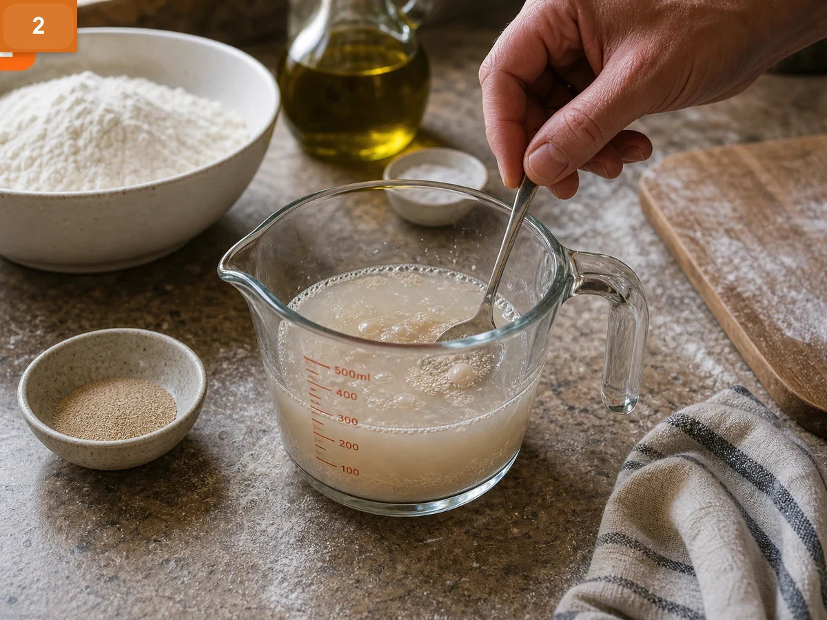 Фокачча с розмарином | Фото подпункта 2 | Viva Cucina Фокачча с розмарином: фото процесса приготовления — растворите дрожжи в тёплой воде