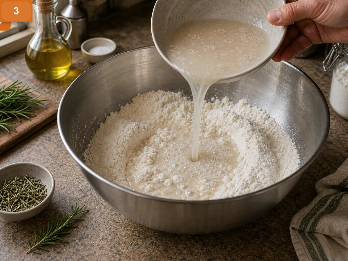 Фокачча с розмарином | Фото подпункта 3 | Viva Cucina Фокачча с розмарином: фото процесса приготовления — влейте дрожжевую воду в муку и начните смешивать тесто