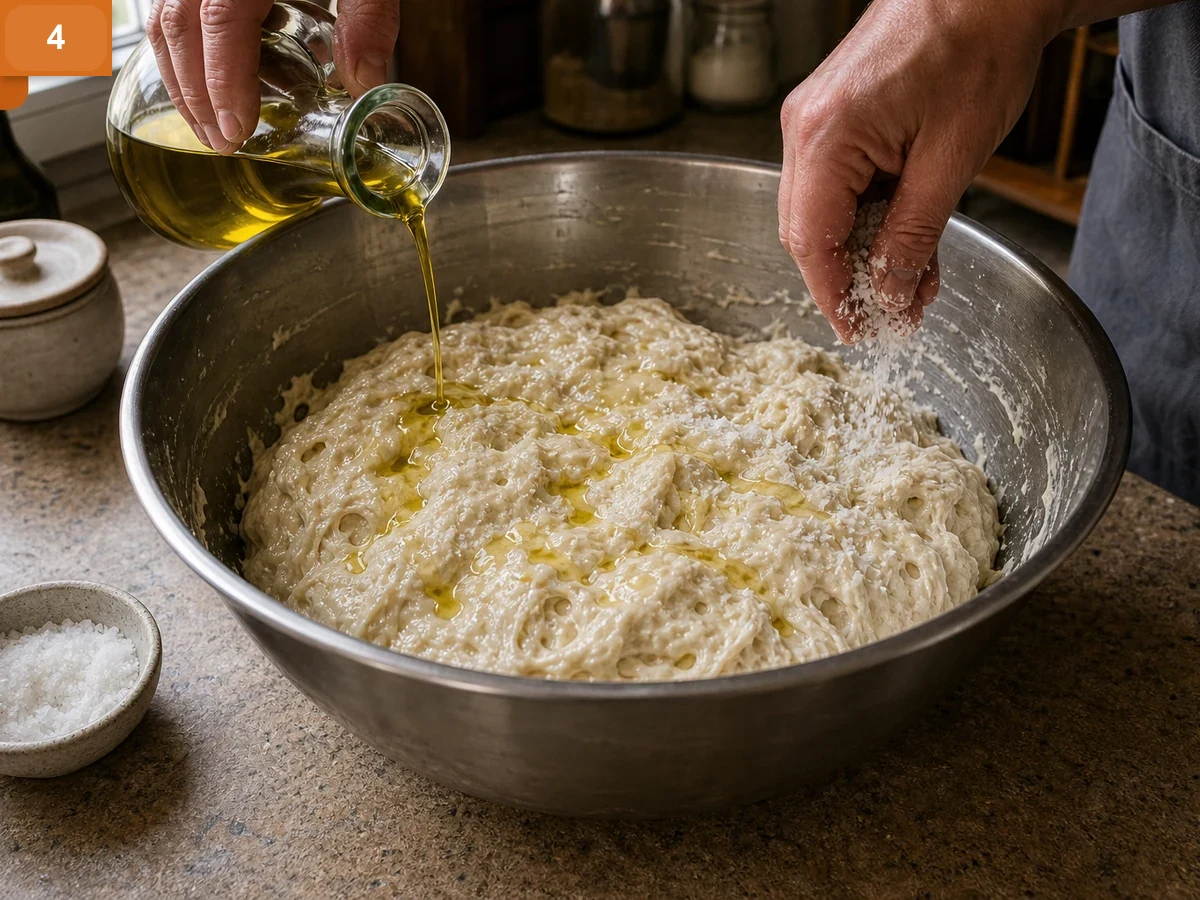 Фокачча с розмарином | Фото подпункта 4 | Viva Cucina Фокачча с розмарином: фото процесса приготовления — добавьте оливковое масло и соль в липкое тесто