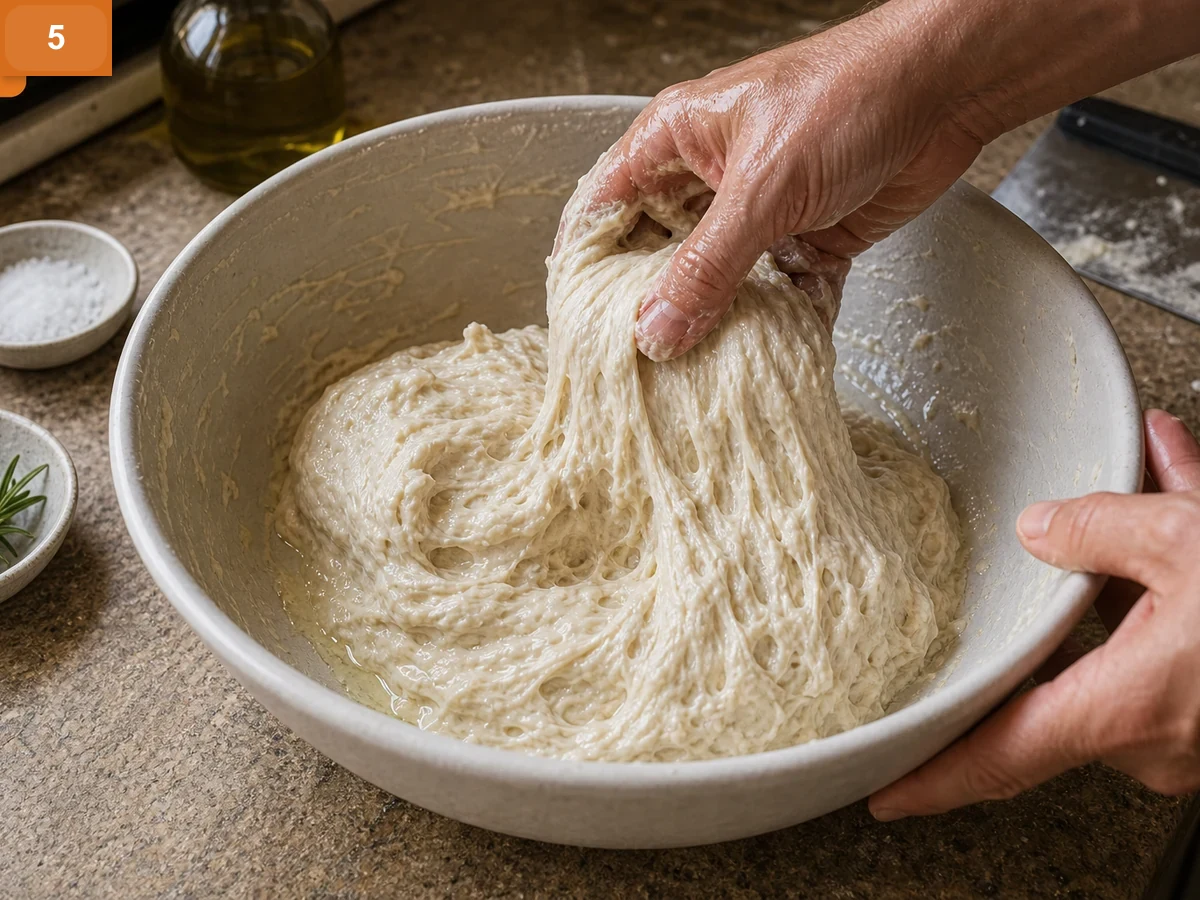 Фокачча с розмарином | Фото подпункта 5 | Viva Cucina Фокачча с розмарином: фото процесса приготовления — смешайте и сложите тесто в миске, пока оно не станет более эластичным