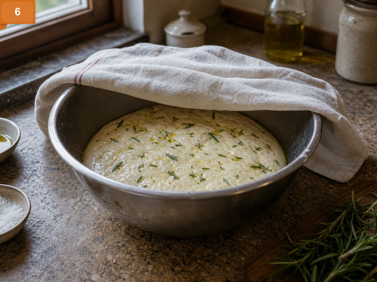 Фокачча с розмарином | Фото подпункта 6 | Viva Cucina Фокачча с розмарином: фото процесса приготовления — оставьте тесто в смазанной маслом миске для первой расстойки