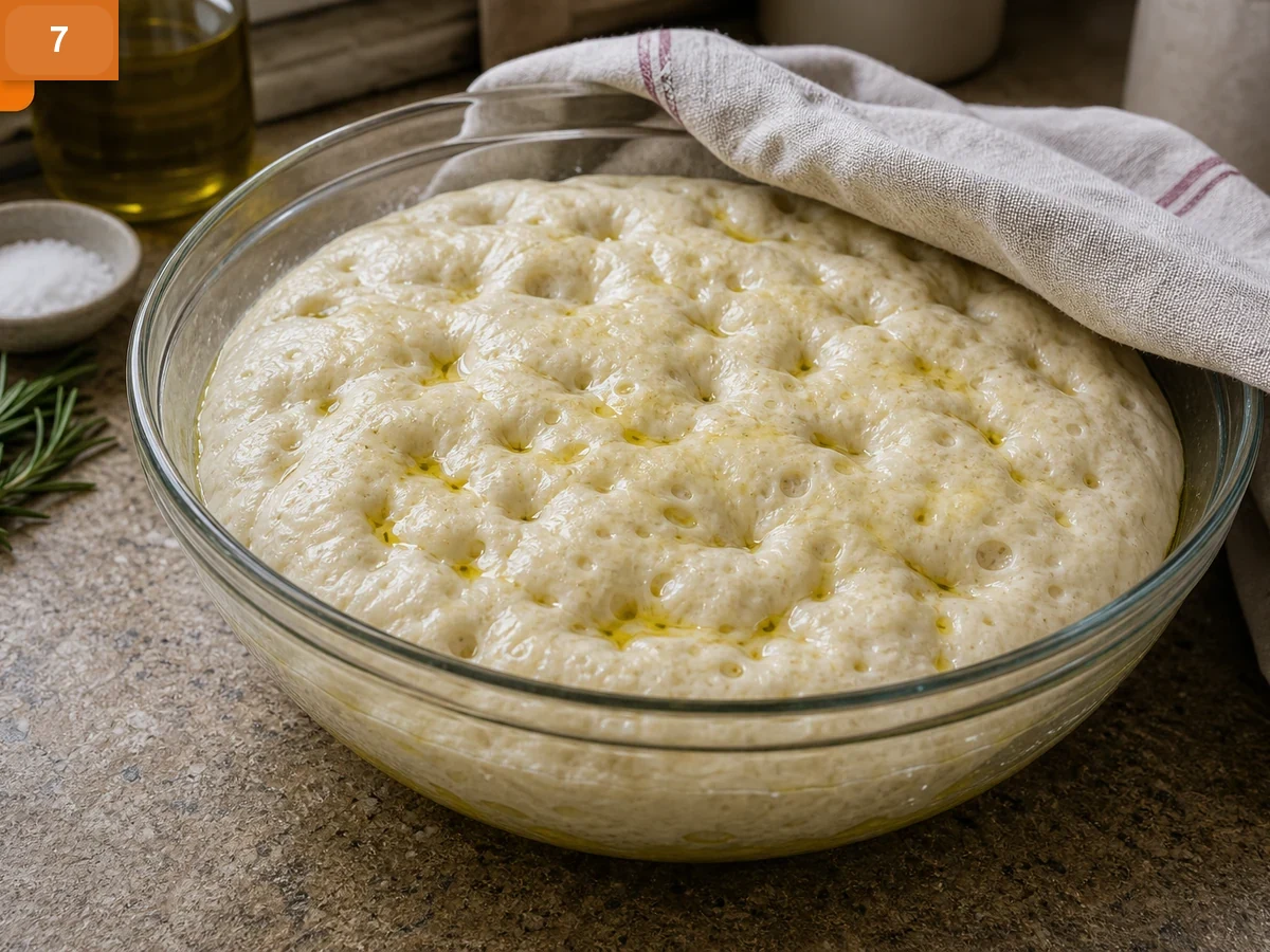 Фокачча с розмарином | Фото подпункта 7 | Viva Cucina Фокачча с розмарином: фото процесса приготовления — проверьте поднявшееся пузырчатое тесто после первой расстойки