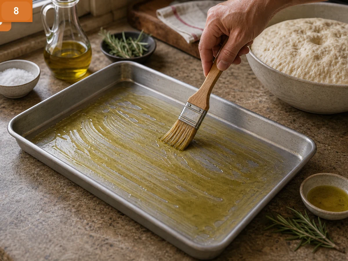 Фокачча с розмарином | Фото подпункта 8 | Viva Cucina Фокачча с розмарином: фото процесса приготовления — щедро смажьте прямоугольную форму оливковым маслом