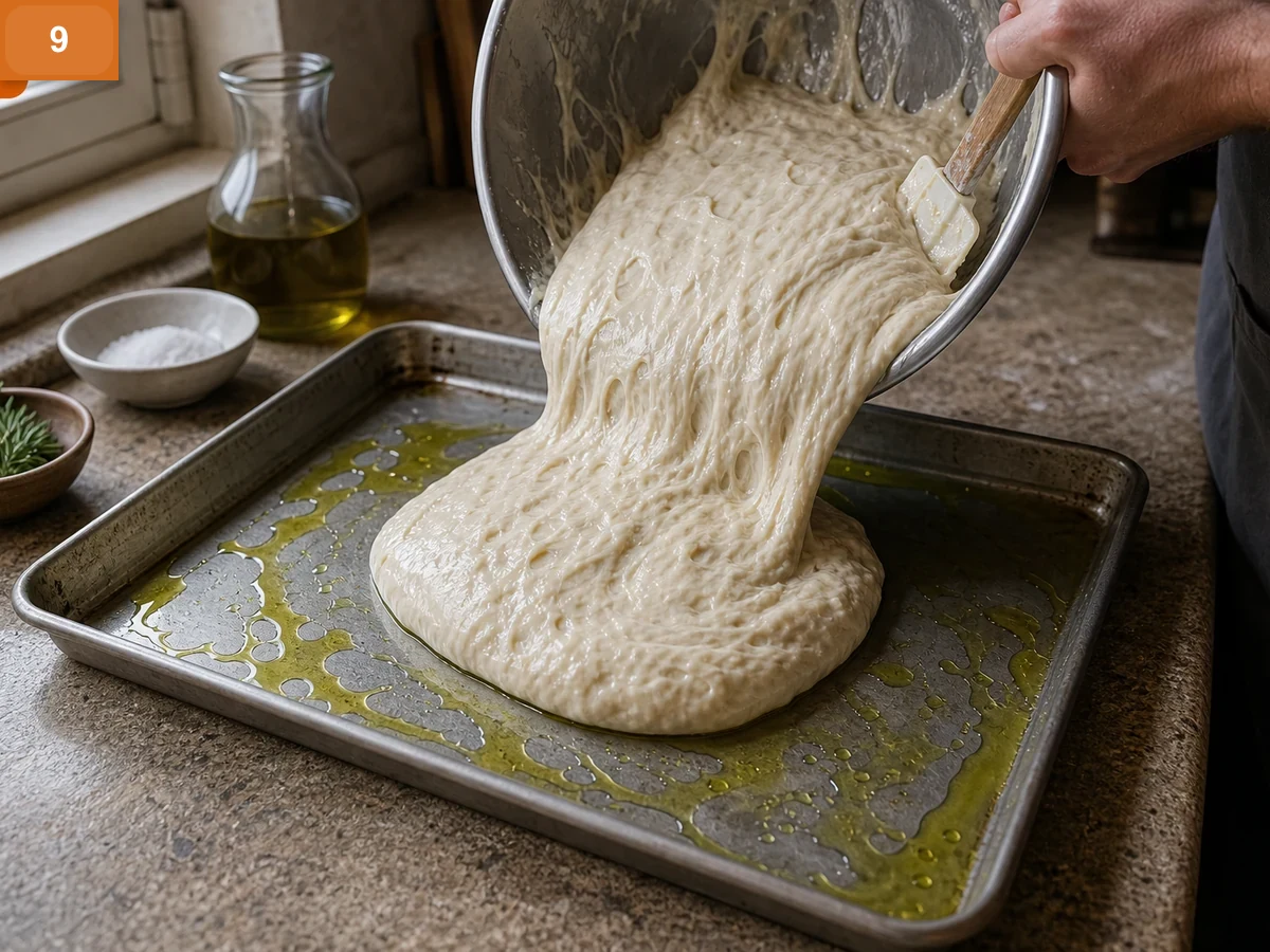 Фокачча с розмарином | Фото подпункта 9 | Viva Cucina Фокачча с розмарином: фото процесса приготовления — переложите липкое тесто в форму, сохраняя его воздушность
